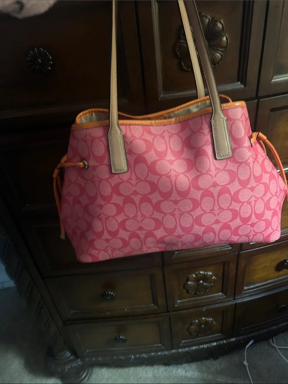 Coach Pink Signature Shoulder Tote with Orange Center Stripe and Tan Handles